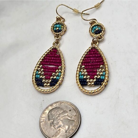 "5/$25" Pink/Turquoise Boho Seed Bead Goldtone Teardrop Dangle Earrings - Picture 4 of 5